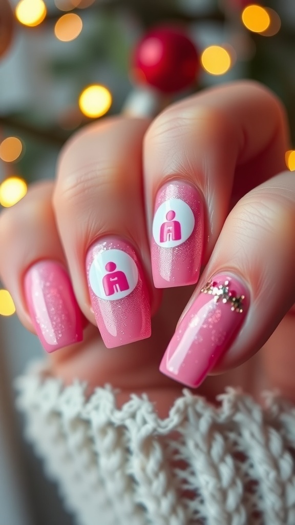 Close-up of pink cat eye Christmas nails with glitter and festive stickers.